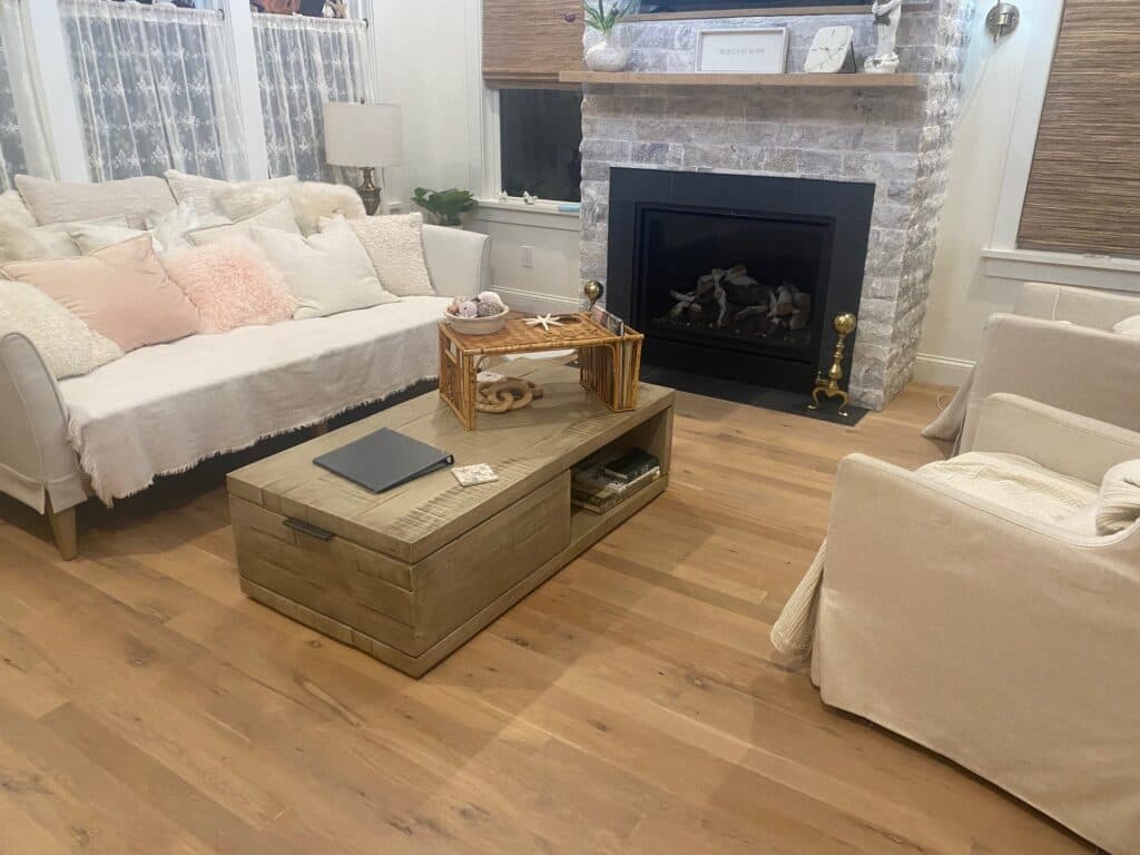 Reclaimed white oak flooring, grade A, in a living room